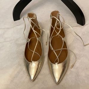 Aquazzura Christy Flat Gold Tie Lace Up Ballet New